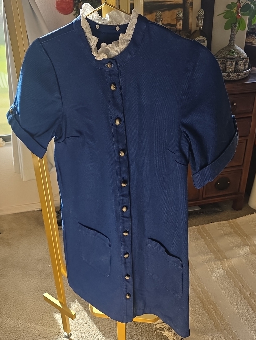 Navy Short-Sleeve Button-Front Denim Dress White Collar Size 34 XS *flaw